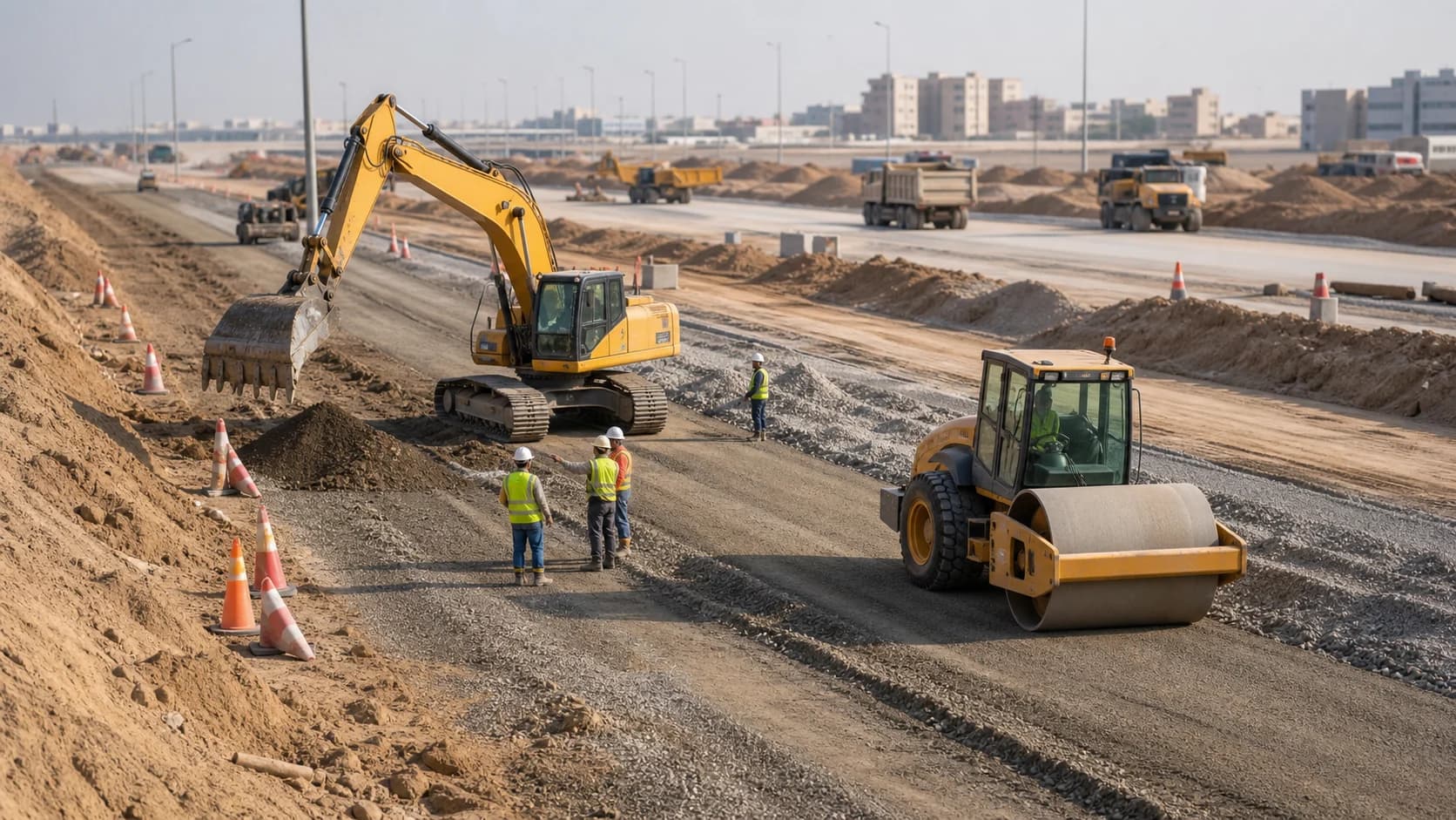 Road infrastructure image with site equipment and controlled delivery.